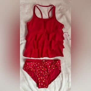 Justice Girl’s Red Floral Tankini Size 16 UPF 50+ Protection NWT